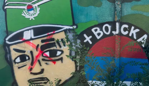This photograph shows a defaced mural depicting former Bosnian Serb military chief Ratko Mladic in Belgrade on August 27, 2026. Ratko Mladic, the former Bosnian Serb military chief dubbed the "Butcher of Bosnia" for his role in the 1995 Srebrenica massacre, has died, Serbian state broadcaster RTS reported on August 27, 2026. (Photo by Andrej ISAKOVIC/AFP)