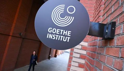 The logo of the Goethe Institute sits on its building in Moscow on September 2, 2026. (Photo by Igor IVANKO/AFP)