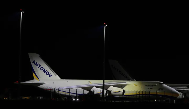 (FILES) An Ukrainian "Antonov" cargo plane is pictured on August 5, 2026 at the German airport Leipzig-Halle in Schkeuditz, eastern Germany, after an explosives-laden drone was found there the night before. Major German media reported on September 1, 2026 that the government would formally blame Russia for an incident involving an explosive-laden drone at the strategic airport. (Photo by John MACDOUGALL/AFP)