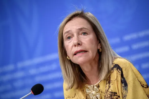 World Meteorological Organization (WMO) Secretary-General Celeste Saulo speaks during a press conference on El Nino update, in Geneva on September 3, 2026. El Nino is set to become "very strong" in the months ahead, with the weather phenomenon near certain to persist through to February, the United Nations' climate agency warned. (Photo by Fabrice COFFRINI/AFP)