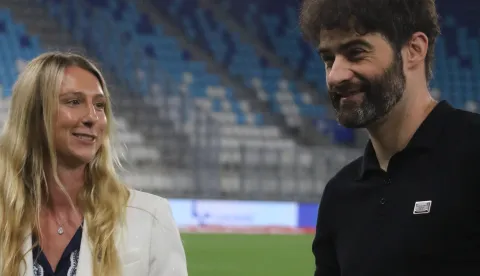 Osijek, 15. 08. 2026, Opus Arena, nogomet, SuperSport Hrvatska nogomenta liga 2026/27. Osijek - Lokomotiva. Alexandra Vegh i Mile &Scaron;korić.snmimio GOJKO MITIĆ