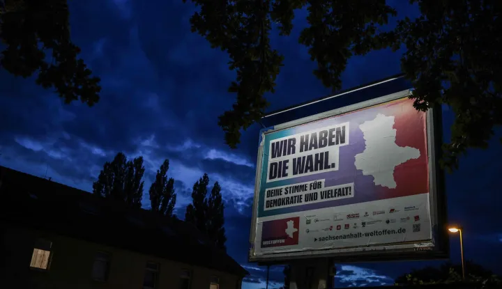An election poster by the state of Saxony-Anhalt reading "We have a choice? and "Your Vote for Democracy and Diversity" is ste up ahead of the Saxony-Anhalt state election in Magdeburg, eastern Germany, on August 20, 2026. Regional elections in the eastern federal state of Saxony-Anhalt will take place on September 6, 2026. (Photo by Ronny HARTMANN/AFP)