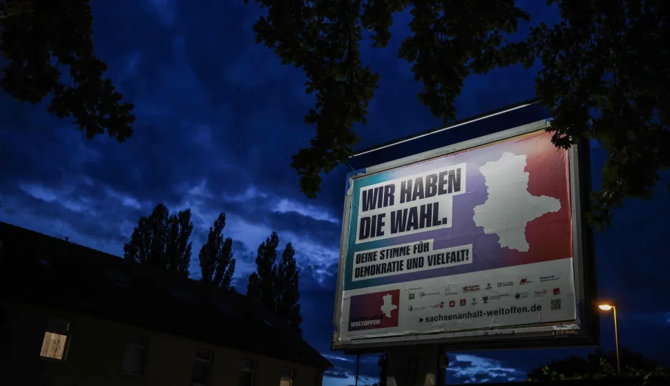 An election poster by the state of Saxony-Anhalt reading "We have a choice? and "Your Vote for Democracy and Diversity" is ste up ahead of the Saxony-Anhalt state election in Magdeburg, eastern Germany, on August 20, 2026. Regional elections in the eastern federal state of Saxony-Anhalt will take place on September 6, 2026. (Photo by Ronny HARTMANN/AFP)