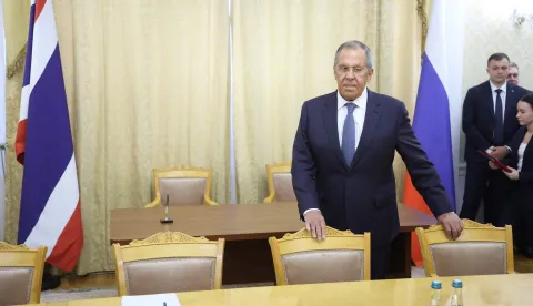 Russian Foreign Minister Sergei Lavrov attends a meeting with Thailand's Foreign Minister in Moscow on August 14, 2026. (Photo by SERGEI ILNITSKY/POOL/AFP)