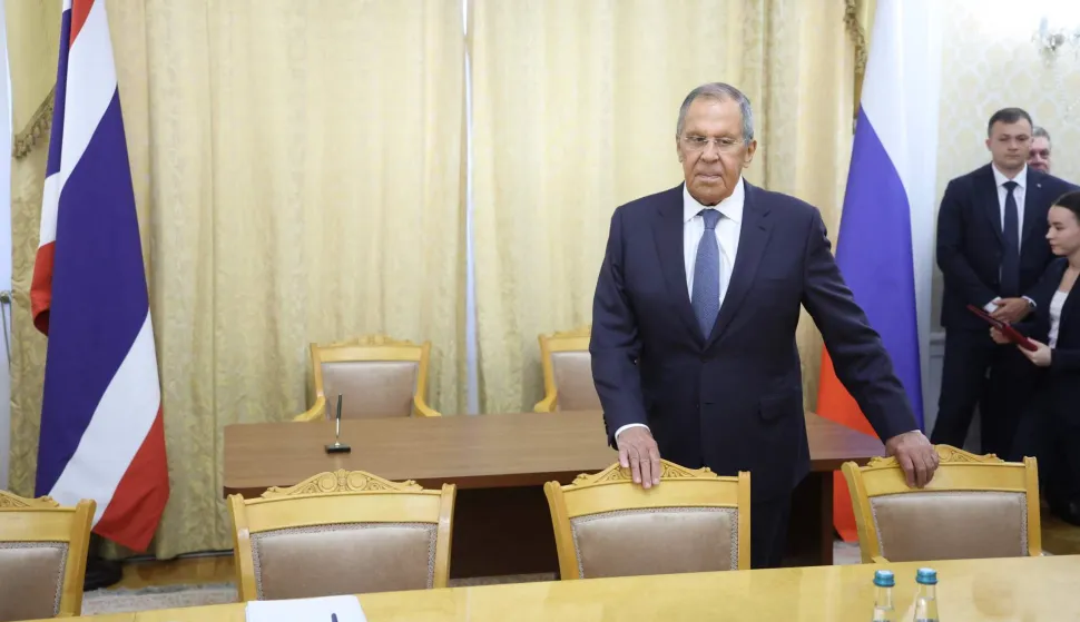Russian Foreign Minister Sergei Lavrov attends a meeting with Thailand's Foreign Minister in Moscow on August 14, 2026. (Photo by SERGEI ILNITSKY/POOL/AFP)