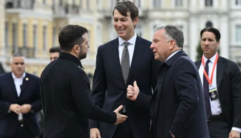 Ukraine's President Volodymyr Zelensky (L) welcomes US Special Envoys Steve Witkoff (R) and Jared Kushner (C) prior to their talks in Kyiv on September 6, 2026, amid the Russian invasion of Ukraine. US envoys Jared Kushner and Steve Witkoff arrived in Kyiv on September 6, 2026 for their first visit to the Ukrainian capital, a day after holding talks with Russia's Vladimir Putin in the Kremlin on ending more than four years of war between the neighbours. (Photo by Genya Savilov/AFP)