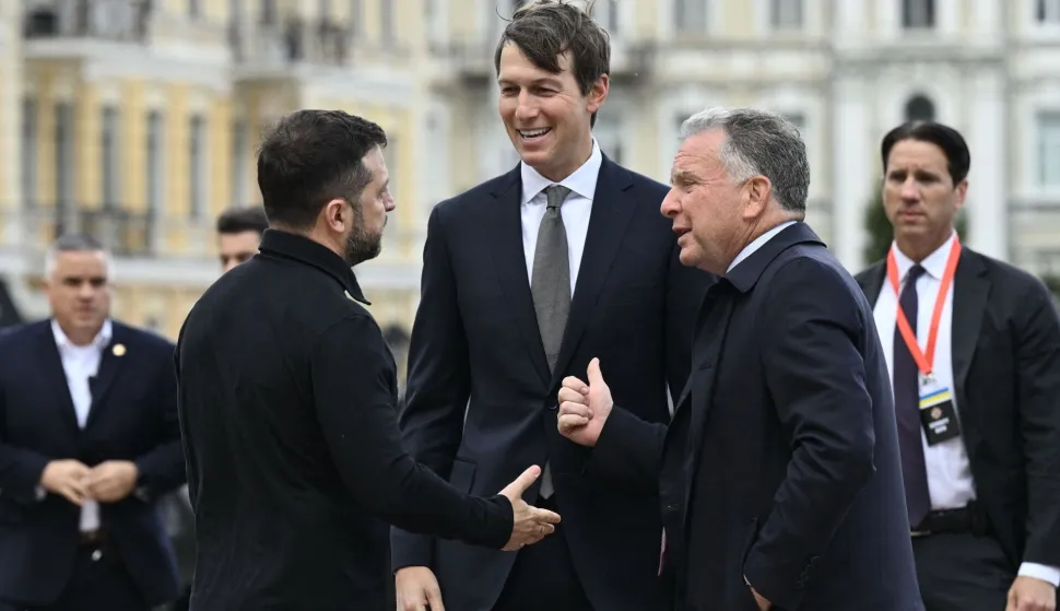 Ukraine's President Volodymyr Zelensky (L) welcomes US Special Envoys Steve Witkoff (R) and Jared Kushner (C) prior to their talks in Kyiv on September 6, 2026, amid the Russian invasion of Ukraine. US envoys Jared Kushner and Steve Witkoff arrived in Kyiv on September 6, 2026 for their first visit to the Ukrainian capital, a day after holding talks with Russia's Vladimir Putin in the Kremlin on ending more than four years of war between the neighbours. (Photo by Genya Savilov/AFP)