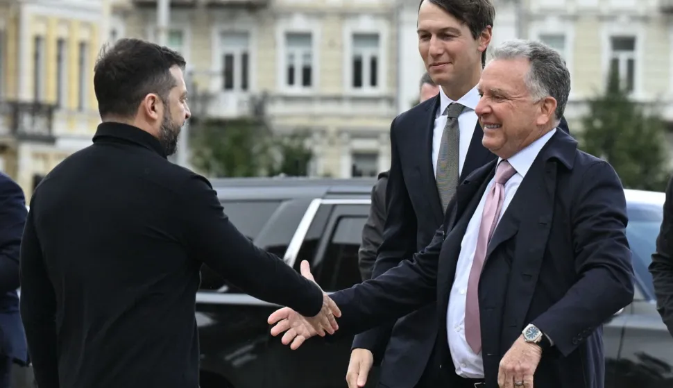 Ukraine's President Volodymyr Zelensky (L) welcomes US Special Envoys Steve Witkoff (R) and Jared Kushner (C) prior to their talks in Kyiv on September 6, 2026, amid the Russian invasion of Ukraine. US envoys Jared Kushner and Steve Witkoff arrived in Kyiv on September 6, 2026 for their first visit to the Ukrainian capital, a day after holding talks with Russia's Vladimir Putin in the Kremlin on ending more than four years of war between the neighbours. (Photo by Genya Savilov/AFP)