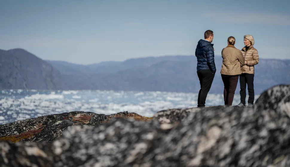 Denmark's Prime Minister Mette Frederiksen, President of the European Commission Ursula von der Leyen, and Greenland's government leader Jens-Frederik Nielsen visit Qoornoq in Greenland on September 6, 2026. (Photo by Mads Claus Rasmussen/Ritzau Scanpix/AFP)/Denmark OUT