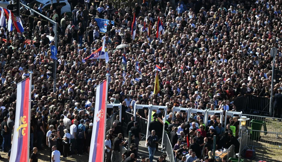 Mourners queue as they arrive to take part in a public memorial on the day of the funeral ceremony for late Bosnian Serb military leader Ratko Mladic at St Lukas church in Belgrade, on September 7, 2026. Mladic, 84, died last week after suffering several strokes while serving a life sentence in The Hague for war crimes committed during the 1990s war in Bosnia. (Photo by OLIVER BUNIC/AFP)