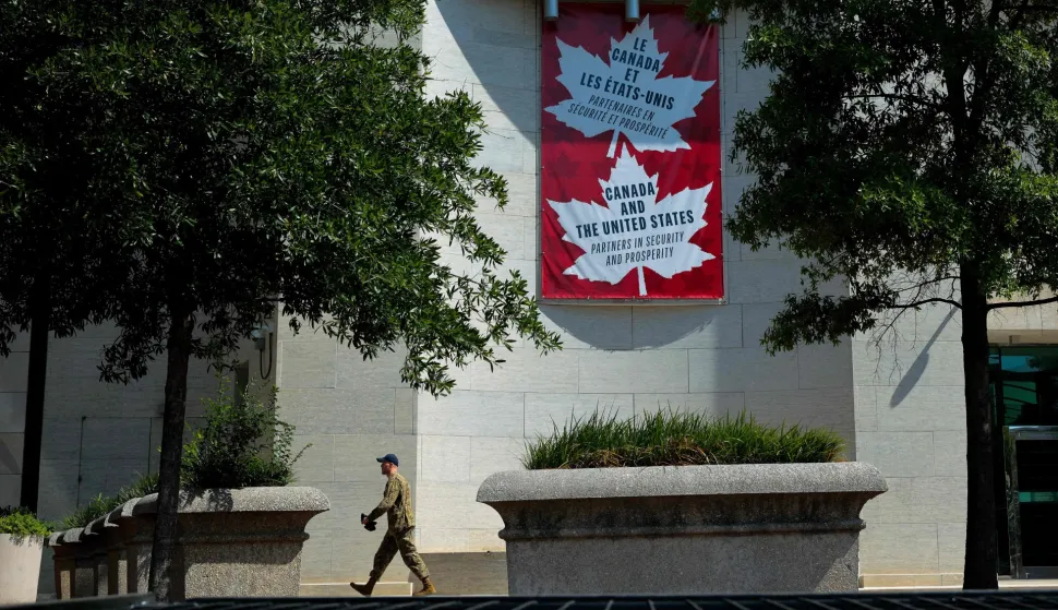 WASHINGTON, DC - AUGUST 26: A banner celebrating Canadian-United States cooperation hangs outside the Canadian Embassy on August 26, 2026 in Washington, DC. Canada announced reciprocal tariffs of 15-percent to 50-percent on about 700 U.S. goods worth about $20 billion in response to the Trump administration's 50% levies on Canadian imports. Chip Somodevilla/Getty Images/AFP (Photo by CHIP SOMODEVILLA/GETTY IMAGES NORTH AMERICA/Getty Images via AFP)