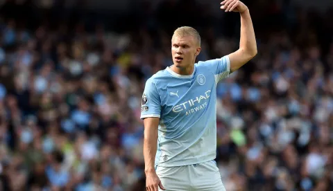 Manchester City's Norwegian striker #09 Erling Haaland celebrates scoring the team's first goal during the English Premier League football match between Manchester City and Coventry City at the Etihad Stadium in Manchester, north west England, on September 5, 2026. (Photo by PETER POWELL/AFP)/RESTRICTED TO EDITORIAL USE. No use with unauthorized audio, video, data, fixture lists, club/league logos or 'live' services. Online in-match use limited to 120 images. An additional 40 images may be used in extra time. No video emulation. Social media in-match use limited to 120 images. An additional 40 images may be used in extra time. No use in betting publications, games or single club/league/player publications./