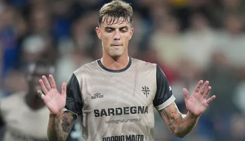 Cagliari's Daniel Maldini celebrates after scoring 1-2 during the Serie A soccer match between Atalanta and Cagliari at New Balance Arena in Bergamo, Italy - September 12, 2026. Sport - Soccer (Photo by Spada/LaPresse/Sipa USA) Photo: LaPresse/SIPA USA