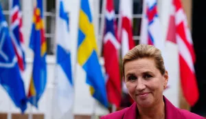 Denmark's Prime Minister Mette Frederiksen holds a press briefing after together with the Faroese Prime Minister hosted a Nordic summer meeting at Hoevelte Military Barracks and the Prime Ministers official residence Marienborg, near Copenhagen, Denmark, on August 20, 2026. (Photo by Mads Claus Rasmussen/Ritzau Scanpix/AFP)/Denmark OUT