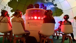 School boys and girls get information about the climate with virtual reality headsets at the fair Ideen Expo, Germany, city of Hannover, 18. June 2019. Photo: Frank May | usage worldwide /DPA/PIXSELL
