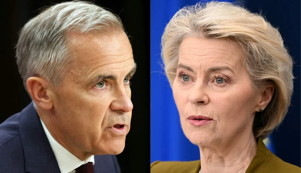 (COMBO) This combination of files pictures created on September 15, 2026 shows Canadian Prime Minister Mark Carney speaking during a news conference at the National Press Theatre in Ottawa, Canada on June 25, 2026 and European Commission President Ursula von der Leyen giving a press statement on sanctions against Russia at the EU headquarters in Brussels on June 9, 2026. From investments in AI to energy supplies, a drive to strengthen EU-Canada ties is to get into gear on September 16, 2026 as the bloc's chief lays out Brussels' priorities before European lawmakers -- and Canadian leader Mark Carney. European Commission president Ursula von der Leyen is expected to discuss boosting relations with Ottawa in a wide-ranging speech before the European Parliament in Strasbourg that Carney is attending as guest of honor. (Photo by Dave Chan and Nicolas TUCAT/AFP)