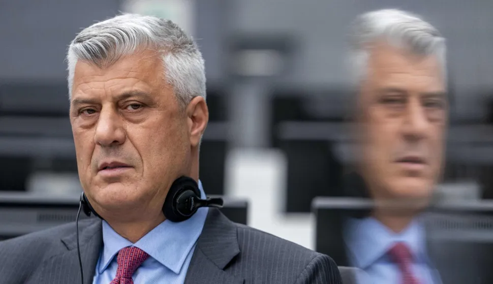 (FILES) Former Kosovo President Hashim Thaci sits for the first time before a war crimes court in The Hague on November 9, 2020, to face charges relating to the 1990s conflict with Serbia. The Hague war crimes trial against Kosovo's ex-president and former guerrilla leader Hashim Thaci, along with three other senior rebel figures, began hearing closing statements on February 9, 2026 -- the final phase before it retires to deliver a verdict. All four face charges of war crimes and crimes against humanity, over their alleged responsibility for killings, torture and other abuses committed by KLA members. (Photo by Jerry Lampen/POOL/AFP)/Netherlands OUT