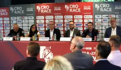 Zagreb, 16.09.2026 - Konferencija za medije povodom najave jedanaestog izdanja biciklističke utrke CRO Race. Na fotografiji (L-D) Josip Mataija, Jelena Kolar, Vladimir Miholjević, Luka Mi&scaron;ović, Stjepan Crnokić, Dubravko &Scaron;imenc.foto HINA/ Denis CERIĆ /dc
