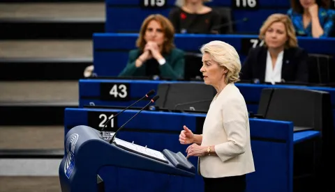 European Commission President Ursula von der Leyen delivers a speech during her annual State of the Union address at a plenary session of the European Parliament in Strasbourg, eastern France on September 16, 2026. EU chief Ursula von der Leyen said Wednesday the future of the 27-nation bloc depends on how it manages climate change and artificial intelligence, as she delivered a major speech in Strasbourg. (Photo by Jean-Christophe VERHAEGEN/AFP)