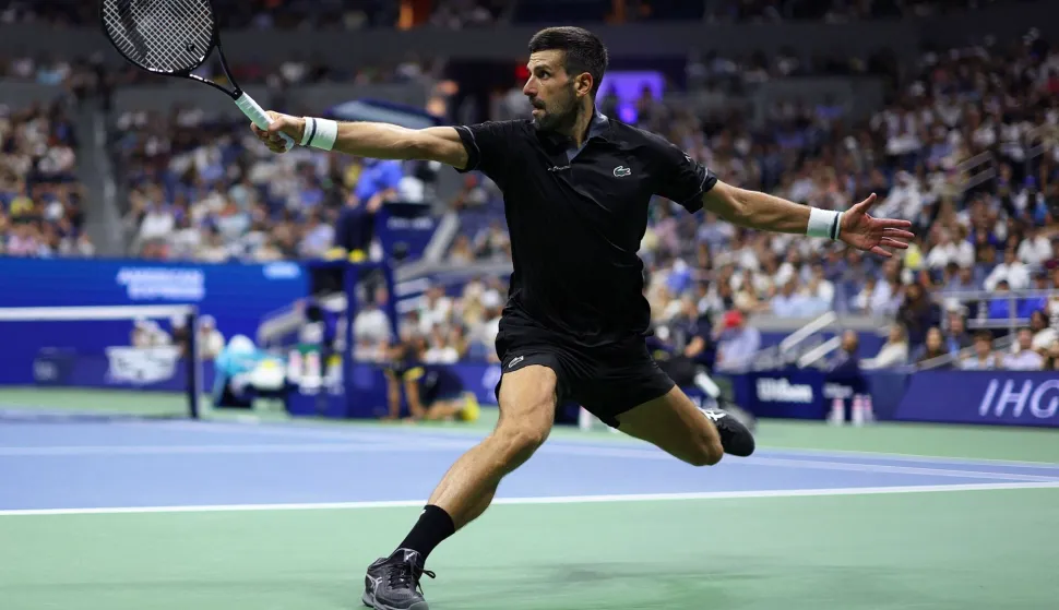NEW YORK, NEW YORK - AUGUST 30: Novak Djokovic of Serbia returns a shot in his match against Mariano Navone of Argentina during their Men's Singles First Round match on Day One of the 2026 US Open at USTA Billie Jean King National Tennis Center on August 30, 2026 in the Flushing neighborhood of the Queens borough of New York City. Julian Finney/Getty Images/AFP (Photo by JULIAN FINNEY/GETTY IMAGES NORTH AMERICA/Getty Images via AFP)