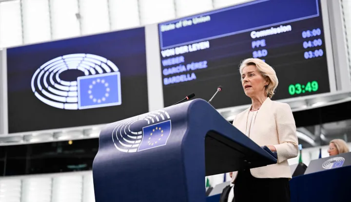 European Commission President Ursula von der Leyen delivers a speech during her annual State of the Union address at a plenary session of the European Parliament in Strasbourg, eastern France on September 16, 2026. EU chief Ursula von der Leyen said Wednesday the future of the 27-nation bloc depends on how it manages climate change and artificial intelligence, as she delivered a major speech in Strasbourg. (Photo by Jean-Christophe VERHAEGEN/AFP)