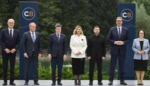 (L to R) First Vice President of the Senate of the Czech Republic Jiri Drahos, Prime Minister of Poland Donald Tusk, President of Romania Nicusor Dan, Ukraine's First Lady Olena Zelenska, President of Ukraine Volodymyr Zelensky, President of Serbia Aleksandar Vucic and President of the Federal Council of Austria Christine Schwarz-Fuchs pose for a joint photo during the Carpathian 8 summit in state residence in Ivano-Frankivsk region on September 18, 2026, amid the Russian invasion of Ukraine. (Photo by Genya SAVILOV/AFP)