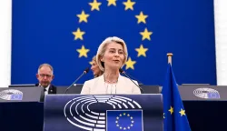 European Commission President Ursula von der Leyen delivers a speech during her annual State of the Union address at a plenary session of the European Parliament in Strasbourg, eastern France on September 16, 2026. EU chief Ursula von der Leyen said Wednesday the future of the 27-nation bloc depends on how it manages climate change and artificial intelligence, as she delivered a major speech in Strasbourg. (Photo by Jean-Christophe VERHAEGEN/AFP)