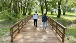 Osijek, 27. 04. 2026., lijeva obala Drave, drveni mostić, obnovljen, otvoren, potez pje&scaron;ački most - ZOO, &scaron;etnja, umirovljenici; umirovljenik; rekreacija, slobodno vrijeme SNIMIO BRUNO JOBST