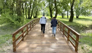 Osijek, 27. 04. 2026., lijeva obala Drave, drveni mostić, obnovljen, otvoren, potez pje&scaron;ački most - ZOO, &scaron;etnja, umirovljenici; umirovljenik; rekreacija, slobodno vrijeme SNIMIO BRUNO JOBST