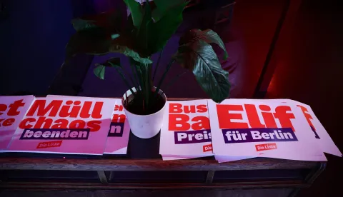 Flyers reading "Elif for Berlin" referring to top candidate of the left-wing Die Linke (The Left) party Elif Eralp lie at the venue of the electoral evening event of Germany's The Left (Die Linke) party Festsaal Kreuzberg during Berlin's state elections in Berlin on September 20, 2026. (Photo by Jens SCHLUETER/AFP)