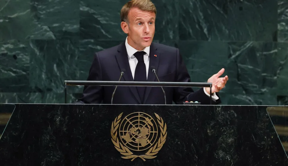 France's President Emmanuel Macron speaks during the 81st United Nations General Assembly at the United Nations Headquarters in New York, on September 22, 2026. (Photo by TIMOTHY A. CLARY/AFP)