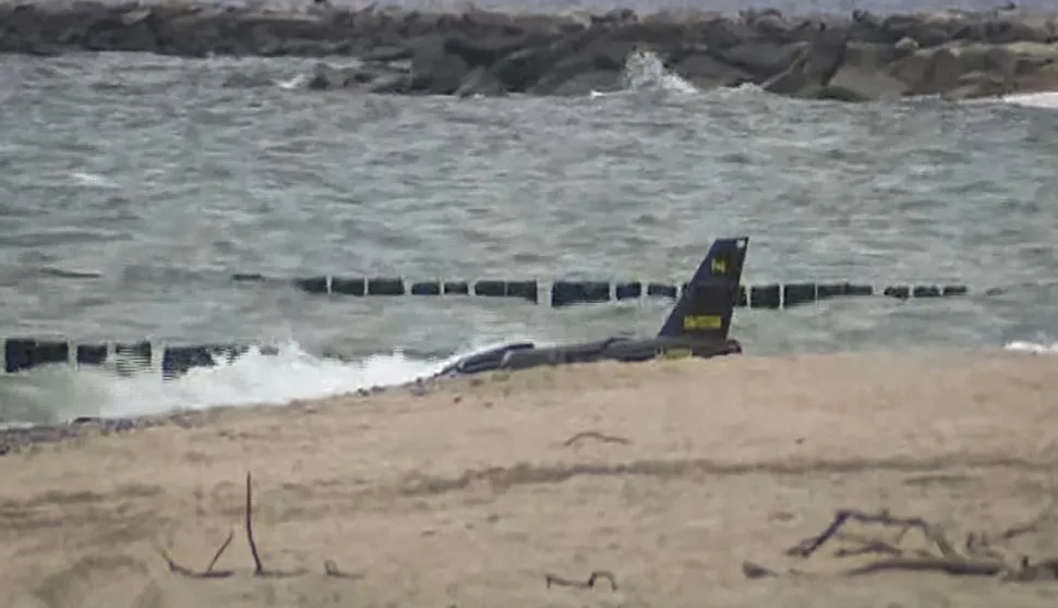 This screen grab taken from video footage released by the TVN channel and made available via AFPTV on September 14, 2026 shows a suspected Russian military drone that has been recovered from the Baltic Sea off Poland?s coast near the village of Rusinowo, a small holiday village close to Jaros?awiec in the northwestern part of the country. (Photo by various sources/AFP)/-- IMAGE RESTRICTED TO EDITORIAL USE - STRICTLY NO COMMERCIAL USE --