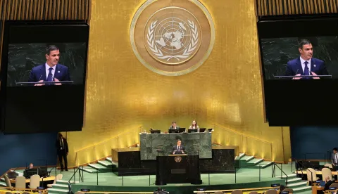 NEW YORK, NEW YORK - SEPTEMBER 23: Prime Minister of Spain Pedro Sanchez speaks during the 81st session of the United Nations (U.N.) General Assembly at U.N. Headquarters on September 23, 2026 in New York City. World leaders have gathered in New York for the annual session of the United Nations General Assembly, with this year's global issues ranging from the threat of artificial intelligence to the continued wars in Ukraine and Gaza. Michael M. Santiago/Getty Images/AFP (Photo by Michael M. Santiago/GETTY IMAGES NORTH AMERICA/Getty Images via AFP)