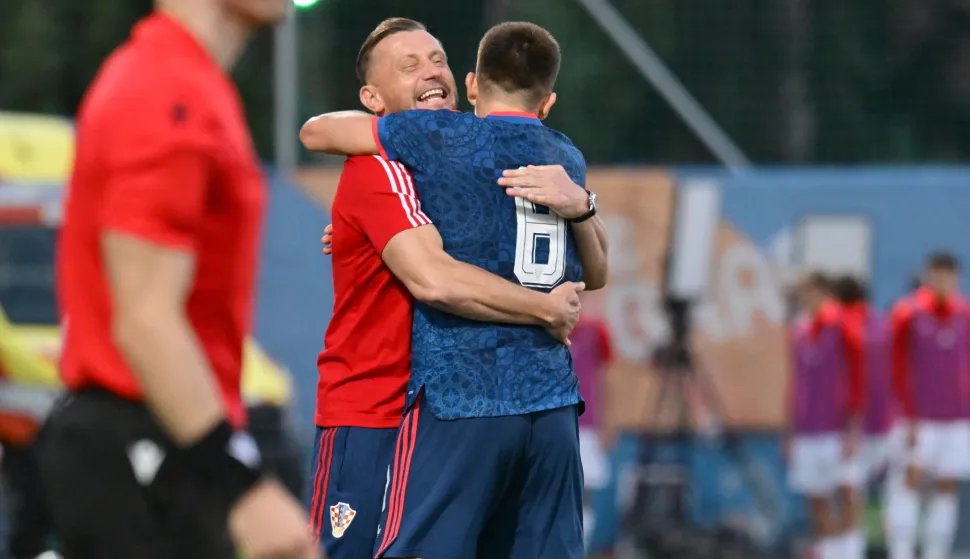 26.09.2026., Varazdin, stadion Varteks - Susret 6. kola kvalifikacija za Euro U21 2027. izmedju Hrvatske U21 i Madjarske U21. Ivica Olic i Adriano Jagusic. Photo: Vjeran Zganec Rogulja/PIXSELL