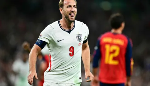England's striker #09 Harry Kane celebrates scoring the team's second goal during the UEFA Nations League, League A - Group 3, football match between England and the Spain at Wembley Stadium in London on September 26, 2026. (Photo by Ben STANSALL/AFP)/NOT FOR MARKETING OR ADVERTISING USE/RESTRICTED TO EDITORIAL USE