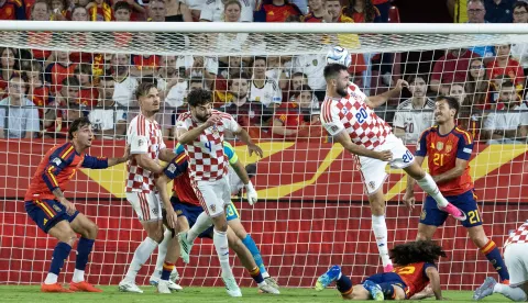 Sevilla, 29.09.2026 - Utakmica Lige nacija, &Scaron;panjolska - Hrvatska. Na slici Marin Pongračić, Jo&scaron;ko Gvardiol, Dion Beljo, Mikel Oyarzabal.foto HINA/ Daniel KASAP/ ds