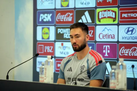 01.10.2026., Rijeka - Reprezentativci Hrvatske nogometne reprezentacije Luka Vuskovic i Dion Drena Beljo na konferenciji za novinare na Rujevici. Photo: Goran Kovacic/PIXSELL