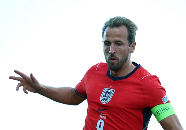 Rijeka, 03.10.2026 - Susret nogometne Lige nacija Hrvatska - Engleska na stadionu Rujevica. Na slici Harry Kane slavi svoj pogodak za Englesku. foto HINA/ Damir SEN?AR/ ua