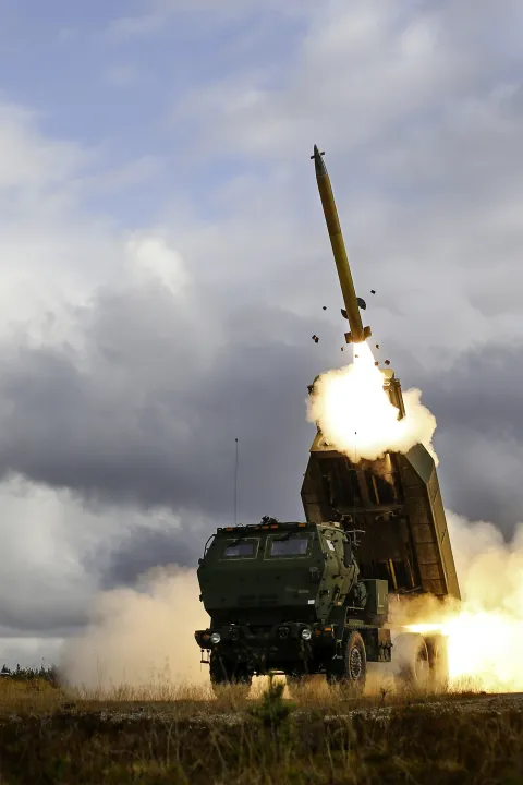 A U.S. Army M142 High Mobility Artillery Rocket System, from 3rd Battalion, 321st Field Artillery Regiment, attached to 41st Field Artillery Brigade, fires a rocket as part of Nordic Strike 22&mdash;a Swedish Army-led, 56th Artillery Command and U.S. Army Europe and Africa-supported live-fire exercise&mdash;at Vidsel Test Range, Sweden, Sept. 27, 2022. U.S. Army Europe and Africa possesses the organic ability to integrate these long-range precision fires rapidly, with partner nations, during exercises, like Nordic Strike 22, and potential conflict to deliver scalable joint fires in support of U.S. and partner nations' operations anywhere in Europe, Africa and beyond. (DoD photo by Anders &Aring;berg, Swedish Ministry of Defense)