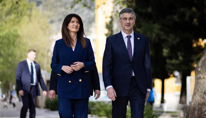 13.04.2026. Mostar (BiH) Premijer Republike Hrvatske, Andrej Plenkovic se sastao sa Darijanom Filipovic i Draganom Covicem uoci sjednice Predsjednistva Hrvatskog Narodnog Sabora u BiH na kojoj je prisustvovao.  Photo: Denis Kapetanovic/PIXSELL
