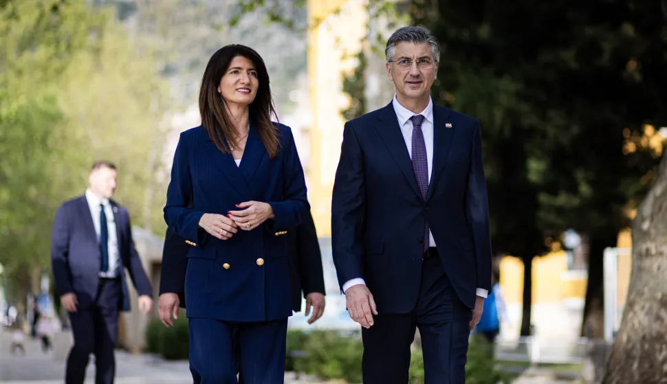 13.04.2026. Mostar (BiH) Premijer Republike Hrvatske, Andrej Plenkovic se sastao sa Darijanom Filipovic i Draganom Covicem uoci sjednice Predsjednistva Hrvatskog Narodnog Sabora u BiH na kojoj je prisustvovao.  Photo: Denis Kapetanovic/PIXSELL