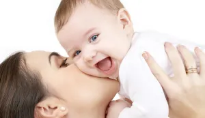 picture of happy mother with baby over white