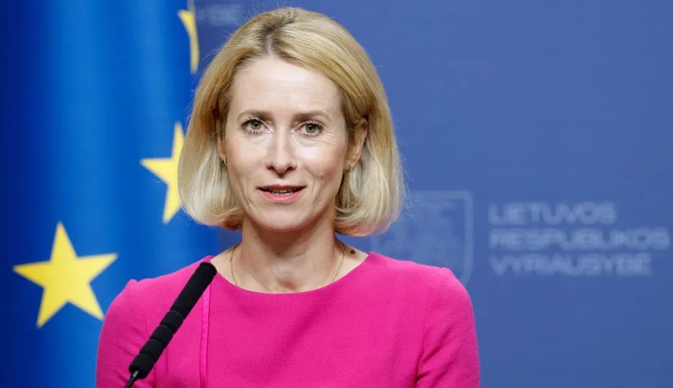European Commission Vice-President Kaja Kallas addresses a joint press conference with Lithuania's Prime Minister after their meeting in Vilnius, Lithuania, on September 7, 2026. (Photo by Petras Malukas/AFP)
