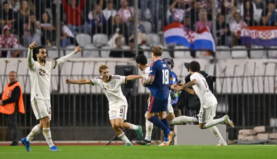 06.10.2026., stadion Poljud, Split - UEFA Liga nacija, Liga A, skupina 3, 4. kolo, Hrvatska - Spanjolska. Slavlje nogometasa Spanjolske nakon pogotka Mikela Merina za vodstvo 2:1. Photo: Igor Soban/PIXSELL