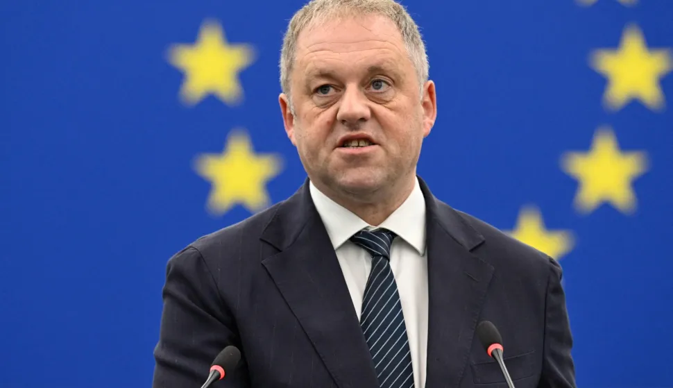 Minister of State for European Affaires and defence Thomas Byrne addresses members of the European Parliament during a plenary session in Strasbourg on October 6, 2026. (Photo by Jean-Christophe VERHAEGEN/AFP)
