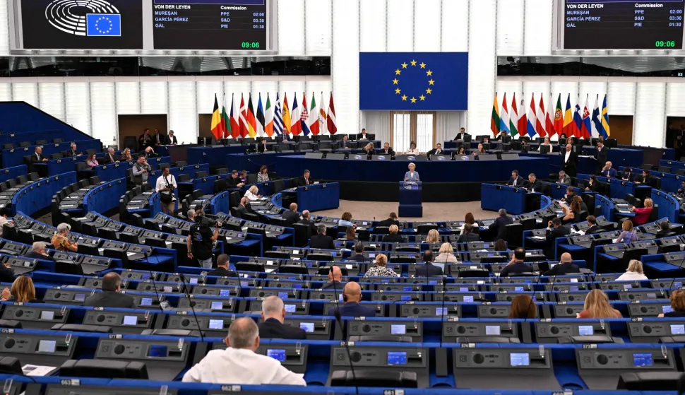 European Commission President Ursula von der Leyen addresses members of the European Parliament during a plenary session in Strasbourg on October 6, 2026. (Photo by Jean-Christophe VERHAEGEN/AFP)