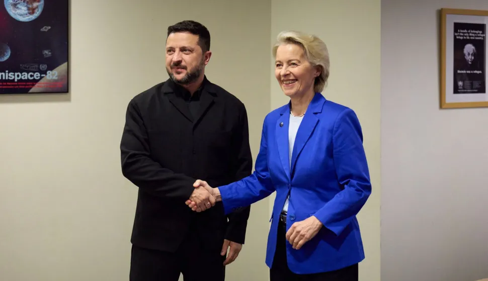 This handout photograph taken and released by the Ukrainian Presidential Press Service on September 22, 2026 shows Ukraine's President Volodymyr Zelensky (L) greeting European Commission President Ursula von der Leyen (R) during their meeting on the sidelines of the 81st United Nations General Assembly in New York. (Photo by Handout/UKRAINIAN PRESIDENTIAL PRESS SERVICE/AFP)/RESTRICTED TO EDITORIAL USE - MANDATORY CREDIT "AFP PHOTO/Ukrainian Presidential Press Service" - NO MARKETING NO ADVERTISING CAMPAIGNS - DISTRIBUTED AS A SERVICE TO CLIENTS