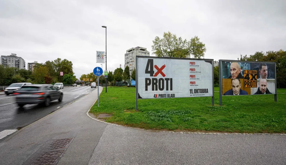 Billboards reading "4x against" and "4x against the government", are pictured ahead of the October 11 referendum on several legislative initiatives, including a law passed in May to extend the powers of parliamentary inquiry commissions, in Ljubljana on October 9, 2026. (Photo by Jure Makovec/AFP)