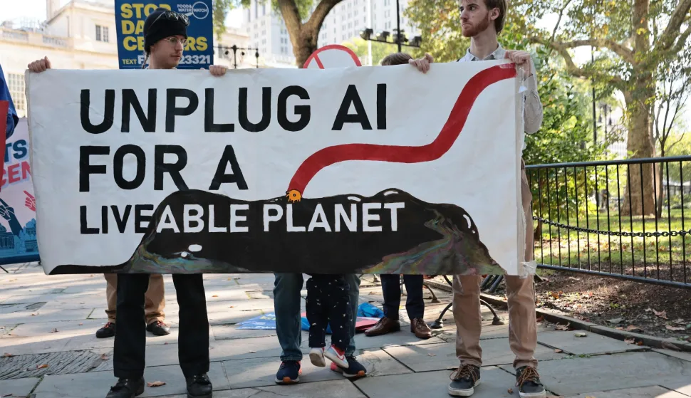 NEW YORK, NEW YORK - OCTOBER 05: People protest artificial intelligence and data centers ahead of a New York City Council Committee hearing on the risks and regulation of artificial intelligence, at City Hall Park on October 05, 2026 in New York City. Protestors against AI gathered ahead of a City Council meeting where senior leaders from Anthropic, OpenAI, Google and Meta are expected to testify under oath at the meeting about the potential dangers of artificial intelligence. Michael M. Santiago/Getty Images/AFP (Photo by Michael M. Santiago/GETTY IMAGES NORTH AMERICA/Getty Images via AFP)