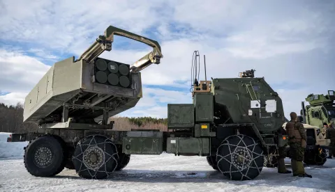 (FILES) A US M142 High Mobility Artillery Rocket System (HIMARS) is on display during a demonstration near Setermoen on March 12, 2026, as NATO conducts its Cold Response military exercise. Sweden's government said on September 7, 2026 that the country would spend seven billion kronor (USD 730 million) to buy US-made HIMARS rocket artillery for it military. The government said in a statement that the acquisition would "enable the Swedish Armed Forces to operate over larger areas, and with greater long-range capacity than with current systems." Defence Minister Pal Jonson told reporters that the deal covered about 10 trucks equipped with launchers and a large quantity of ammunition, news agency TT reported. (Photo by John MACDOUGALL/AFP)